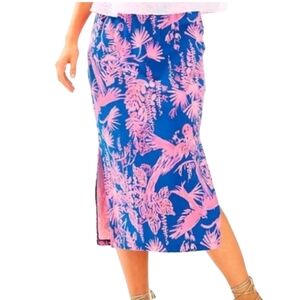 Lilly Pulitzer Kemi Night Caw Indigo & Pink Floral MIDI Skirt Size Small
